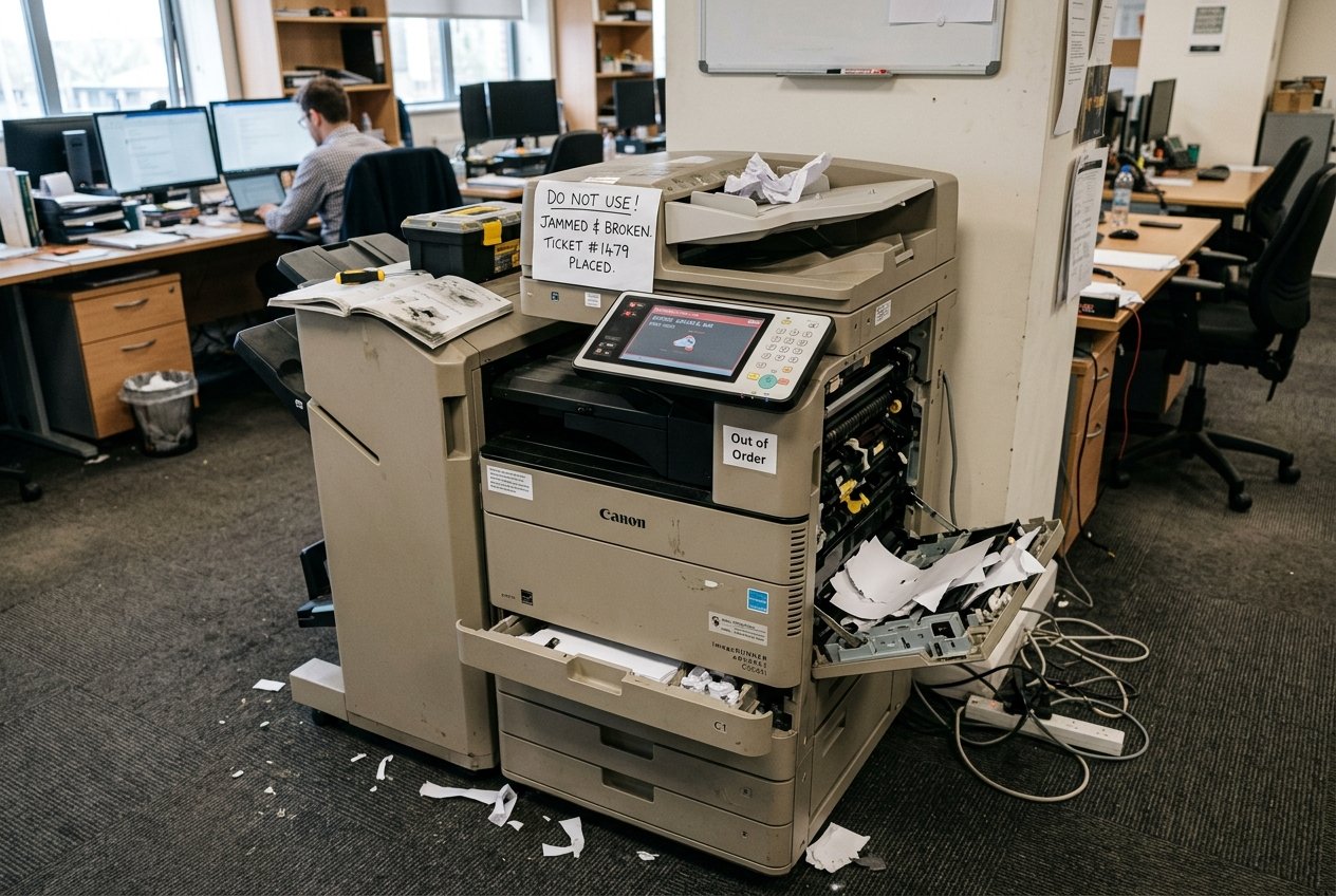 a broken printer / copier waiting for a Doctor Copy professional service technician to repair it to prime operating condition.